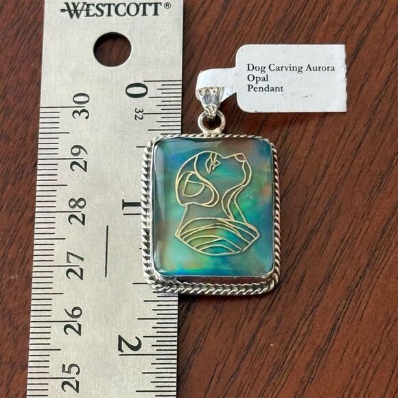 Aurora Opal Dog Carving Pendant Necklace – Sterling Silver Elegance - Picture 7 of 7